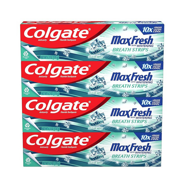 Paquete de 4 pastas de dientes blanqueadoras Colgate Max Fresh con minitiras