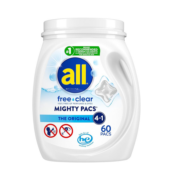 60 unidades, All Mighty Pacs, sin detergente para ropa, transparente