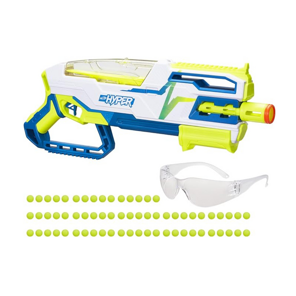 Nerf Hyper Siege-50 Blaster de acción de bomba con 65 balas y gafas de seguridad