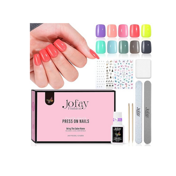 10-Pack Jofay Fashion Press On Nails Short Set with Nail Glue