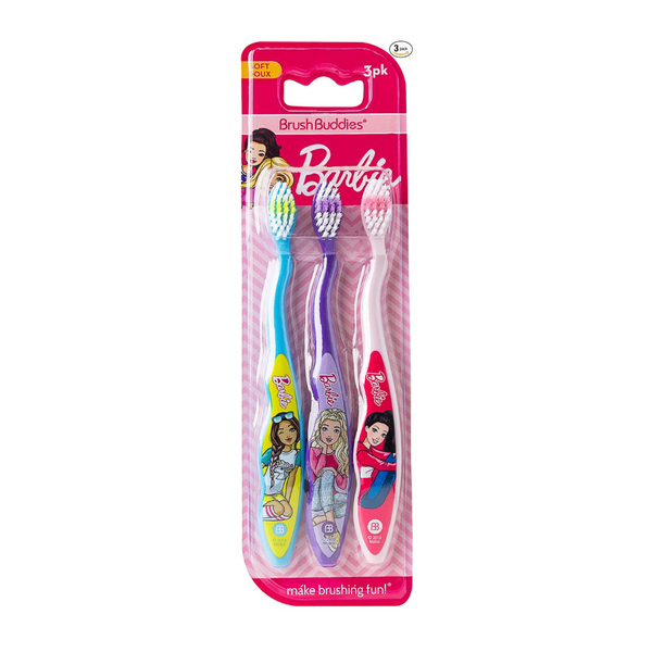 Paquete de 3 cepillos de dientes Barbie de cerdas suaves para niños Brush Buddies