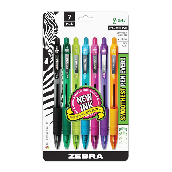 Zebra Pen Z-Grip Retractable Ballpoint Pen’s Medium Point, 1.0mm, Assorted Fashion Colors (7-pack)