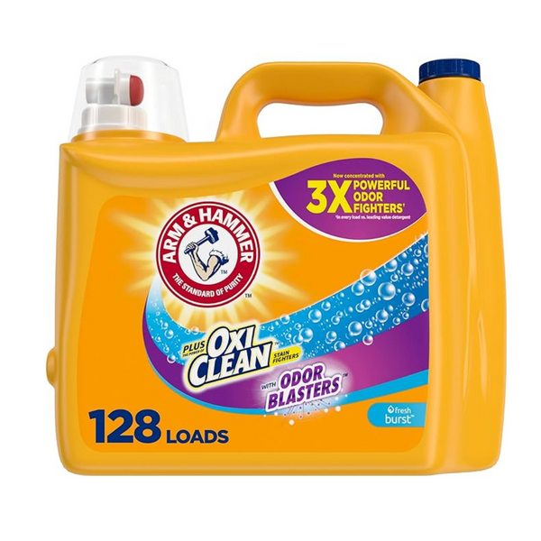 128 Load Arm &amp; Hammer Plus OxiClean Odor Blasters Detergente líquido Fresh Burst