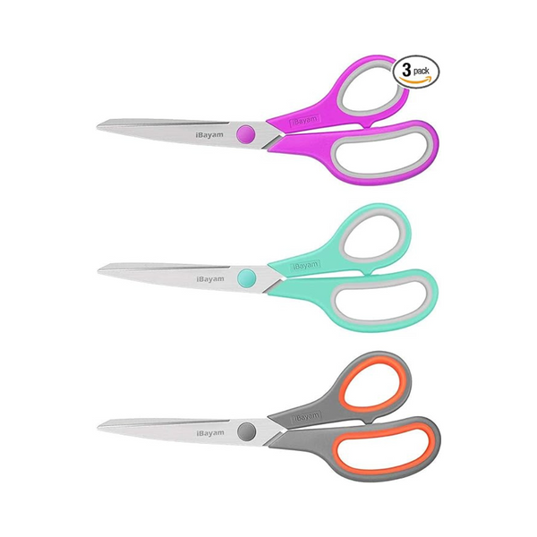 3-Pack iBayam 8" Multipurpose Ultra Sharp Comfort-Grip Sturdy Scissors