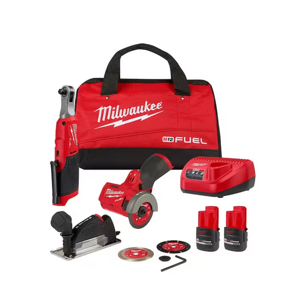 Milwaukee M12 Fuel Cordless 3/8" Ratchet & 3" Cut Off Saw Combo w/ 2 Batteries