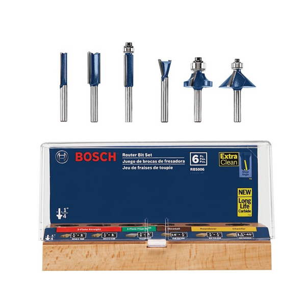 Surtido de brocas para enrutador con punta de carburo de 1/4" Bosch de 6 piezas