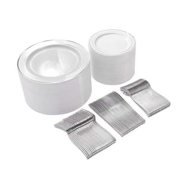 300-Piece Silver Plastic Plates with Disposable Silverware