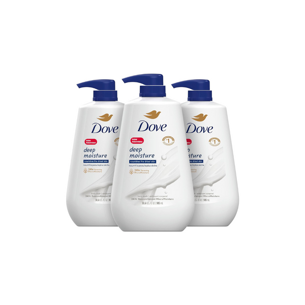 3 Big Bottles Of Dove Deep Moisture Body Wash With Pump