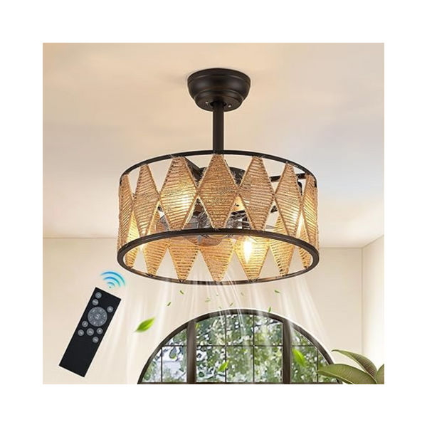 Rattan Caged Flush Mount Boho Ceiling Fan with Light