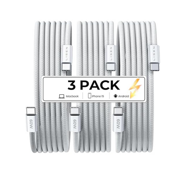 3-Pack 6.6ft Lisen 60W Braided USB-C to USB-C Charger Cables