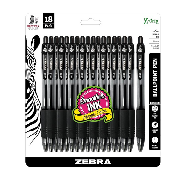 18-Count Zebra Pen Z-Grip 1.0mm Retractable Medium Ballpoint Pens