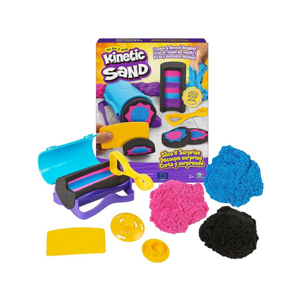 Kinetic Sand, Slice N’ Surprise Set with 13.5oz of Black, Pink and Blue Play Sand