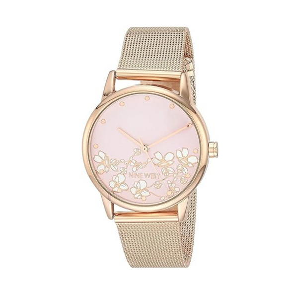 Nine West Women's Stainless Steel Mesh Bracelet Watch with Flower Dial