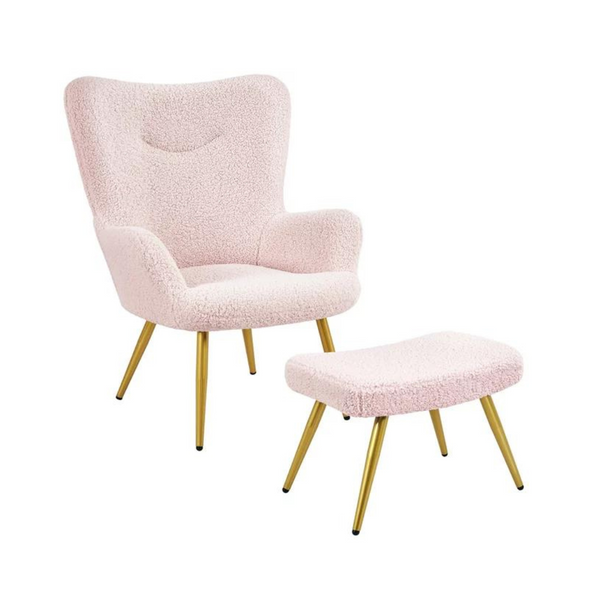 Easyfashion Boucle Accent Chair and Ottoman Set with Golden Metal Legs