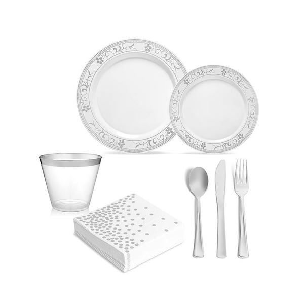 Oasis Creations 175 Piece Silver Rim Flower Design Dinnerware Set (Service for 25)