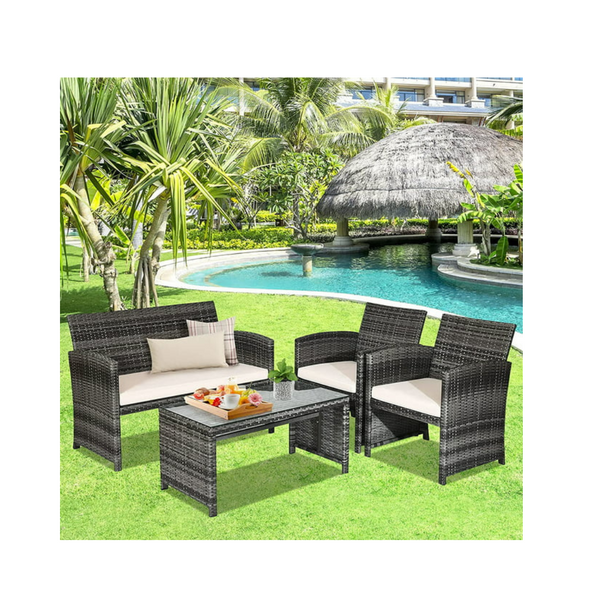 Costway 4 Pcs Rattan Patio Furniture Set with Glass Table Top