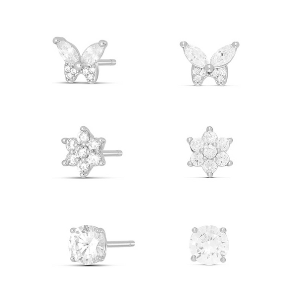 Amazon Essentials Plated Cubic Zirconia Butterfly and Flower Earring Set (3 Pairs)