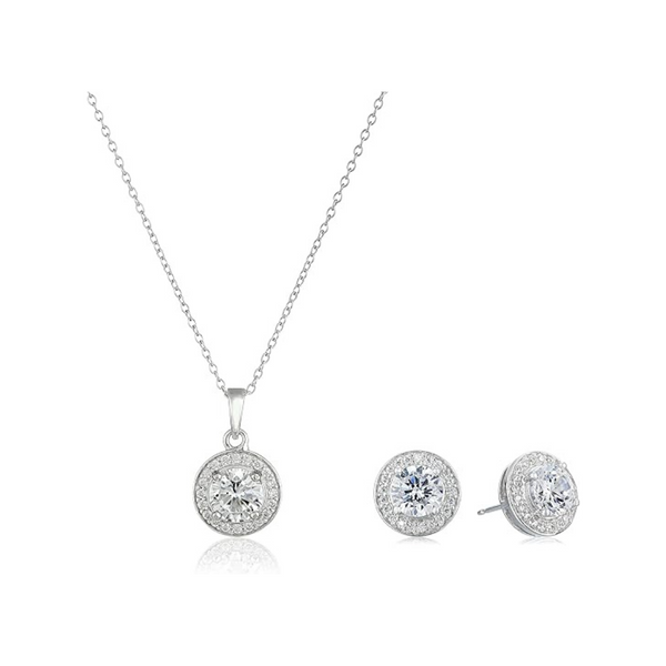 Sterling Silver Cubic Zirconia Halo Pendant Necklace and Stud Earrings Set