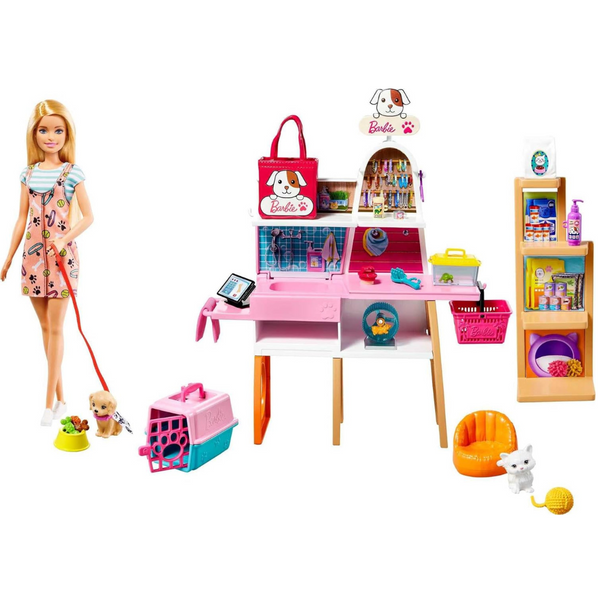 Barbie Doll and Pet Boutique Playset with 4 Pets