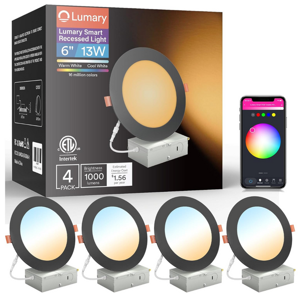 4-Pack Lumary J-Box 13W 1000lm 6'' Color Changing LED Recessed Lights