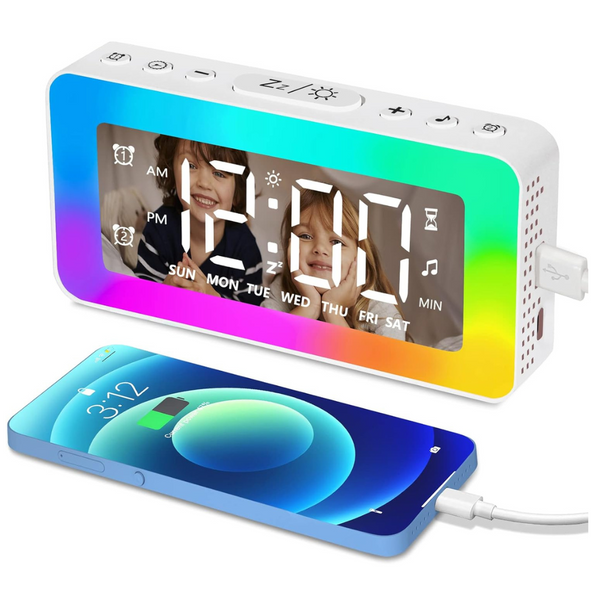 Digital Alarm Clock with 8 LED Night Lights & USB Charging Port