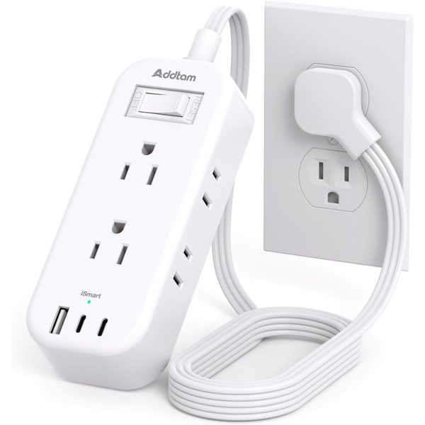 6 Outlets & 3 USB Travel Power Strip Flat Plug with 5ft Extension Cord