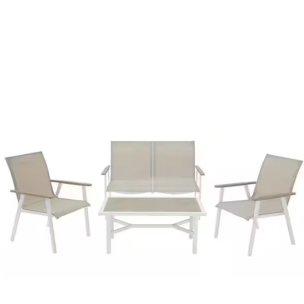 Hampton Bay Beach Haven Shell White 4-Piece Sling Outdoor Patio Conversation Seating Set