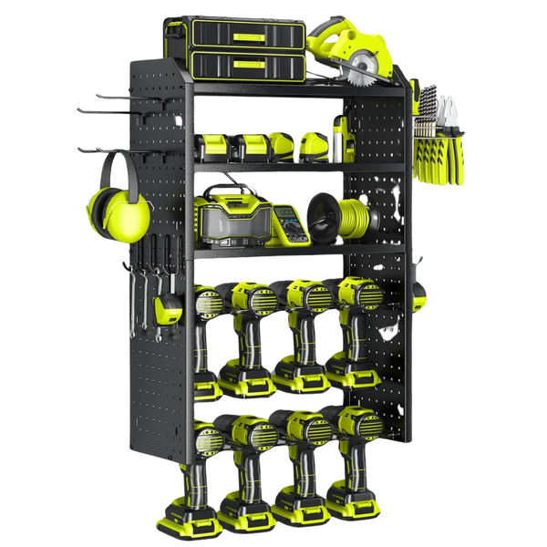 Kafahom 5-Shelf 8-Slot Drill Holder Metal Power Tool Organizer with 12 Hooks