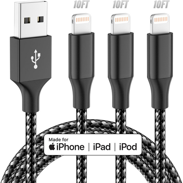 3-Pack 10ft Apple MFi Certified USB-A to Lightning Cable