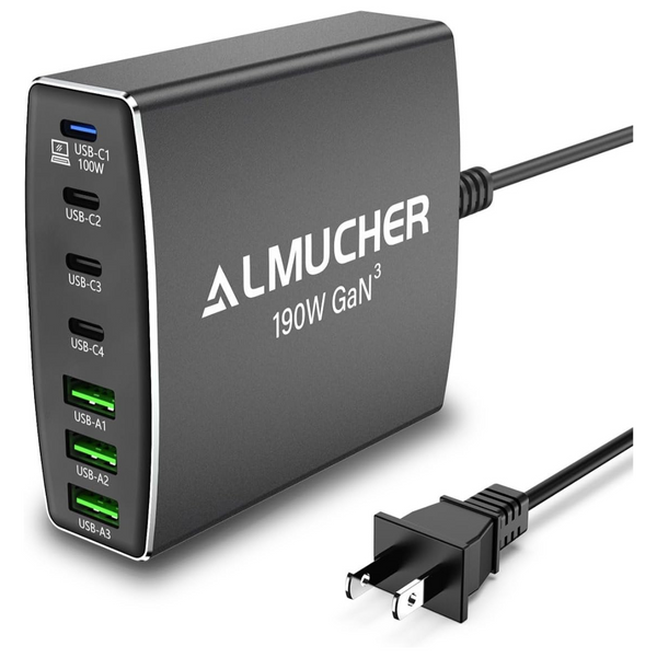 Almucher 190W 7 Port PD 3.0 USB C Aluminum Alloy GaN Charger Block