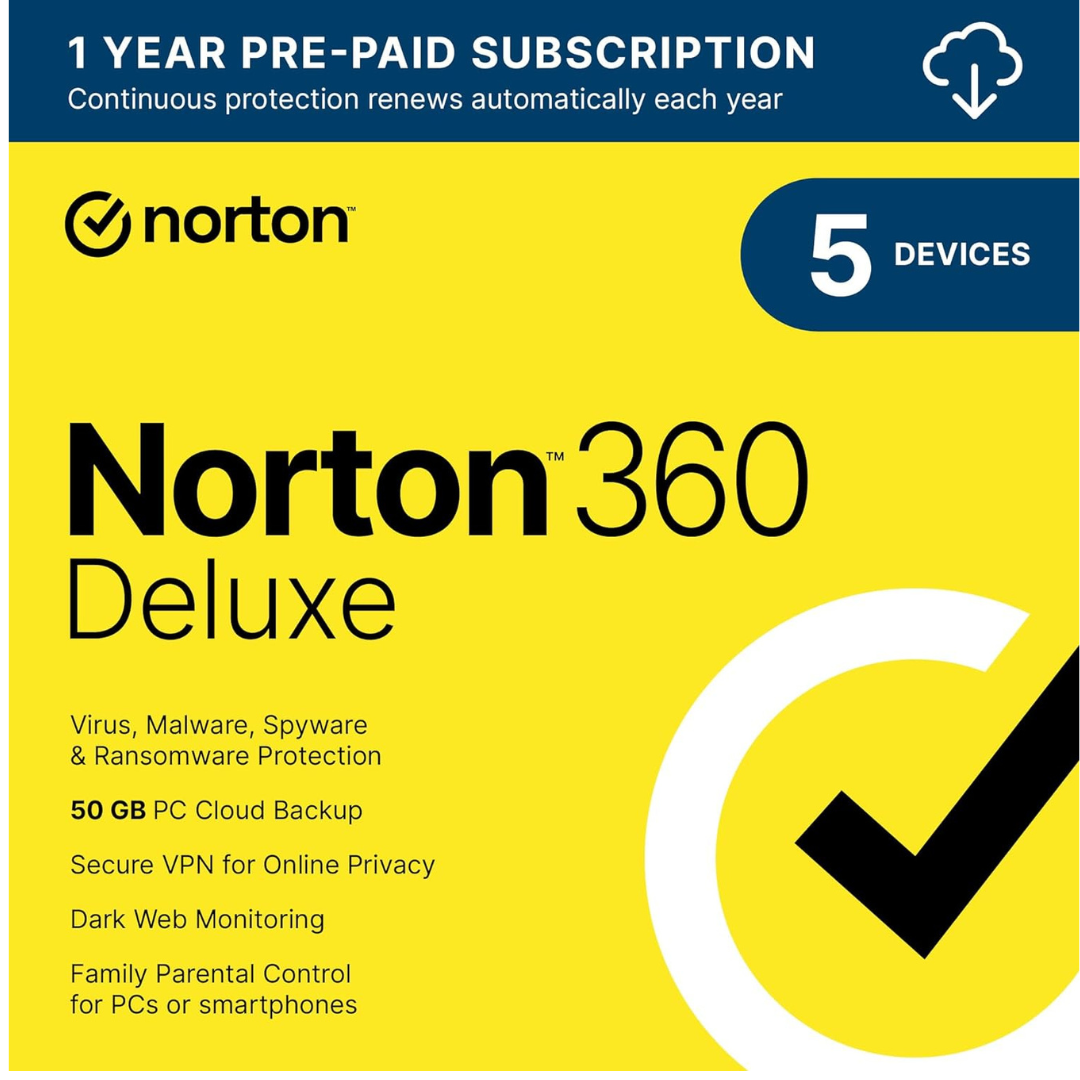 Norton 360 Deluxe 2024 Antivirus Software for 5 Devices with Auto Renewal