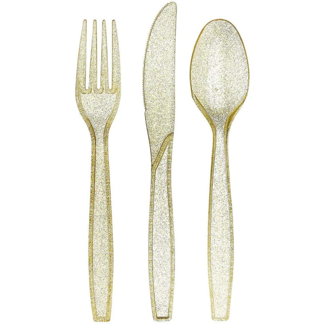 Prestee 180 Pcs Gold Glitter Plastic Cutlery Set