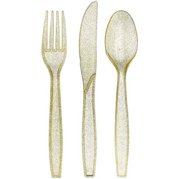 Prestee 180 Pcs Gold Glitter Plastic Cutlery Set