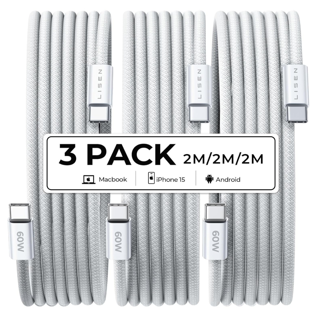 3-Pack 6.6ft Lisen 60W Braided USB-C to USB-C Charger Cables