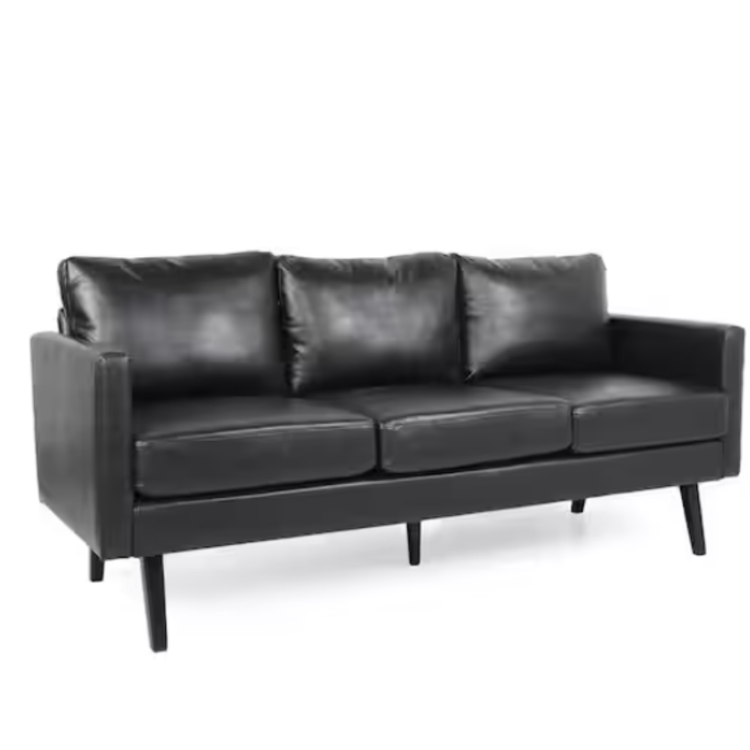 Noble House Carey 74″ 3-Seat Square Arm Faux Leather Straight Cognac Brown Black Sofa