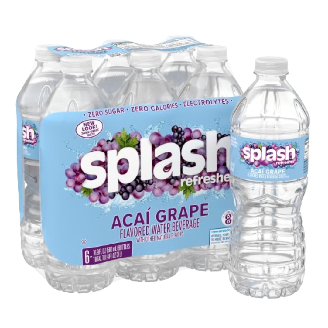6 Plastic Bottles of Splash Refresher Acai Grape Flavored Water