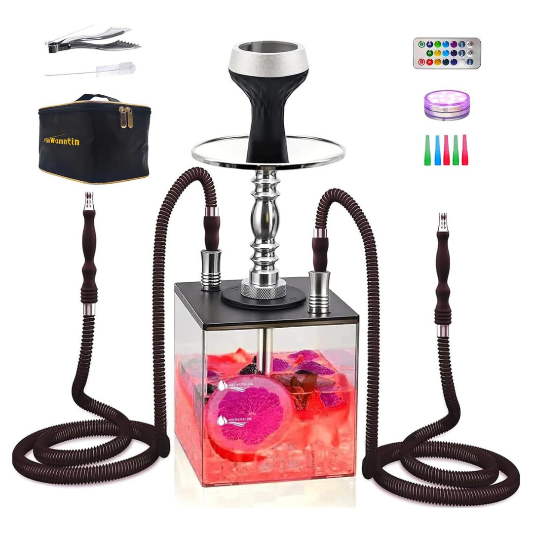 2-Hose Acrylic Cube Hookah Set with LED & Accessories
