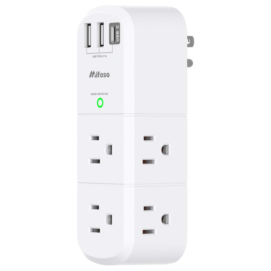 Mifaso 6-Outlet Extender 1800J Surge Protector w/ Rotating Plug & 3x USB Ports