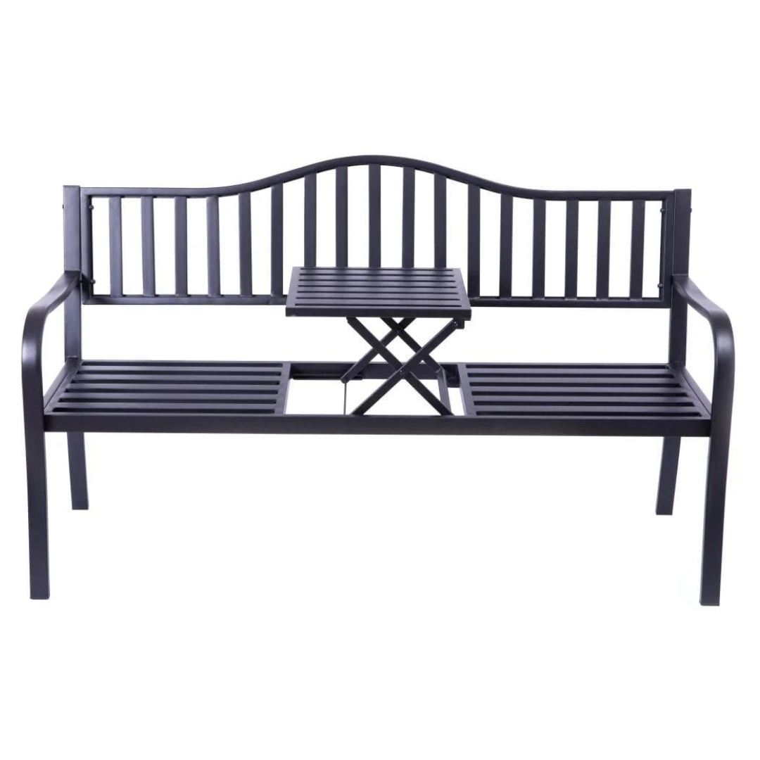 Outdoor Powder Coated Steel Seating Bench w/ Pullout Table