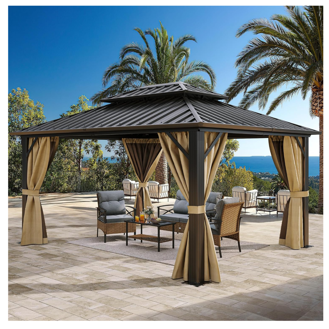 10'x12' YITAHOME Double Roof Gazebo w/ Netting & Curtains (Brown)