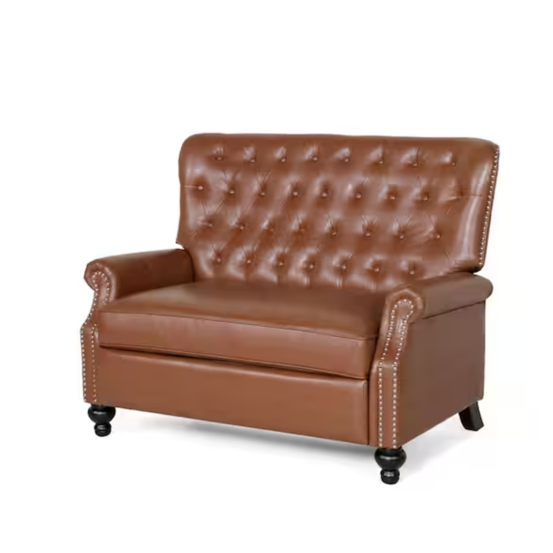 Noble House Dero Cognac Brown/Espresso Faux Leather Standard Recliner with Tufted Cushions
