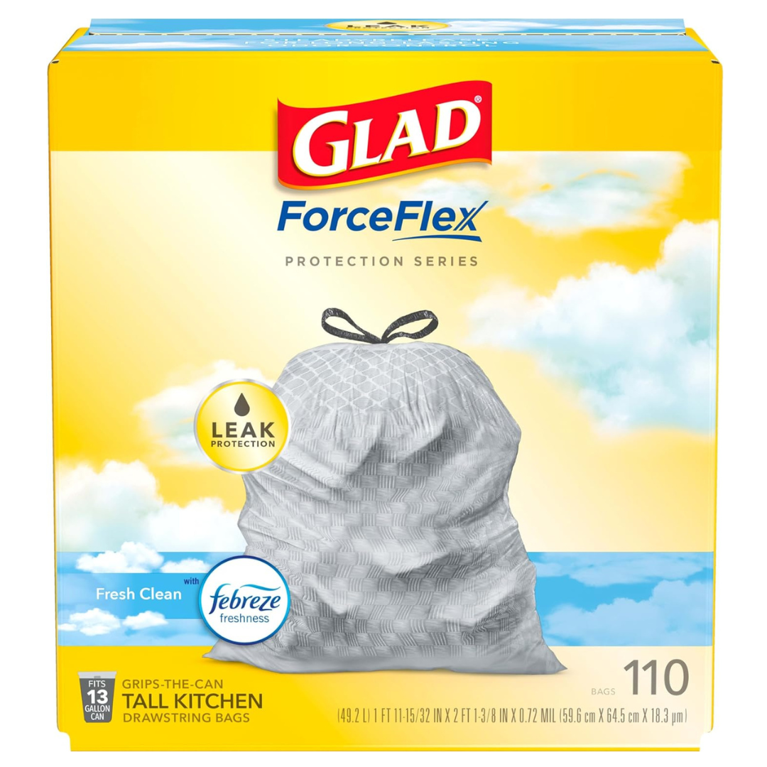 Glad  ForceFlex Tall Kitchen Drawstring Garbage Bags, 13 Gal, Fresh Clean Scent with Febreze, 110 Ct