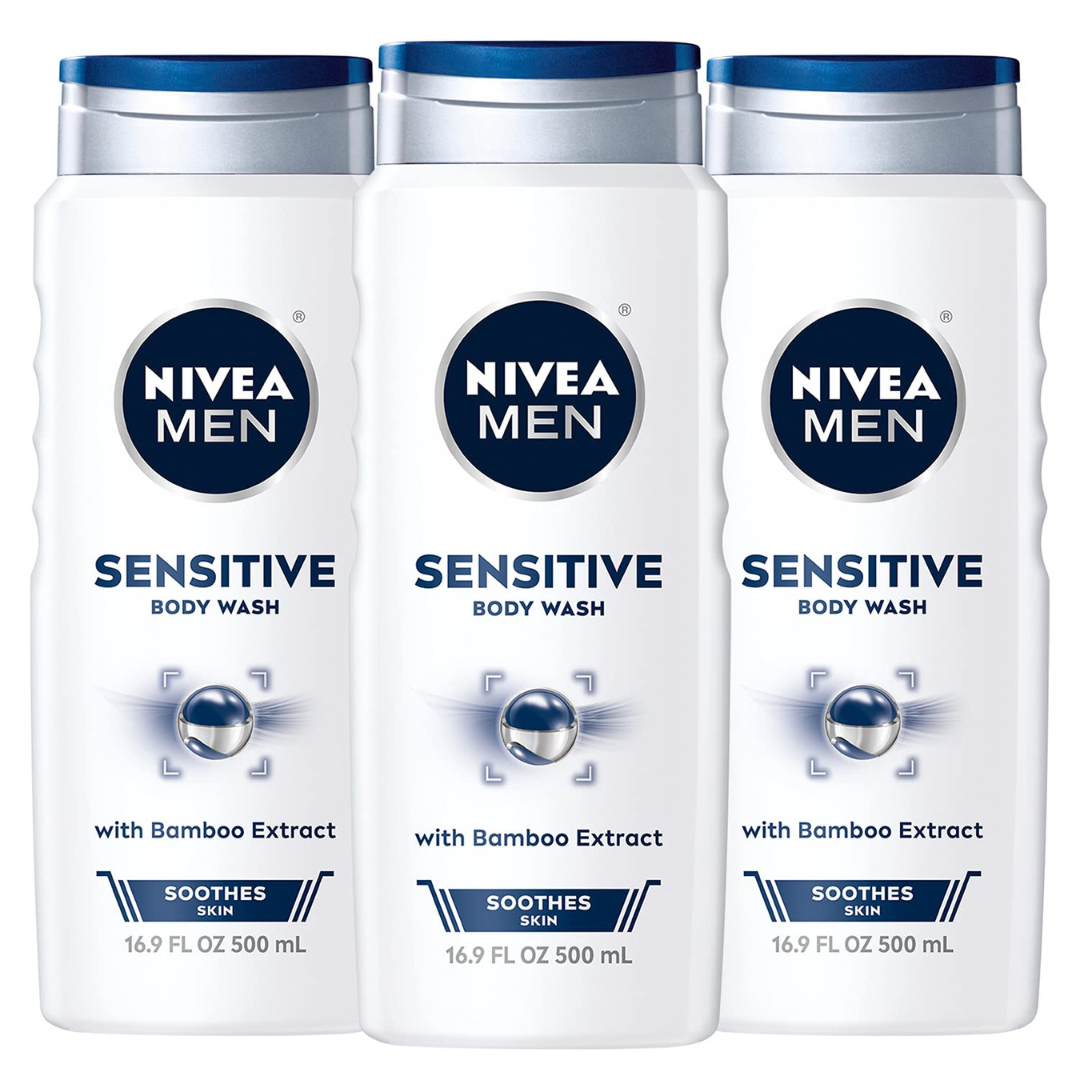 Nivea Men Sensitive Body Wash with Bamboo Extract (3 Pack of 16.9 Fl Oz Bottles)