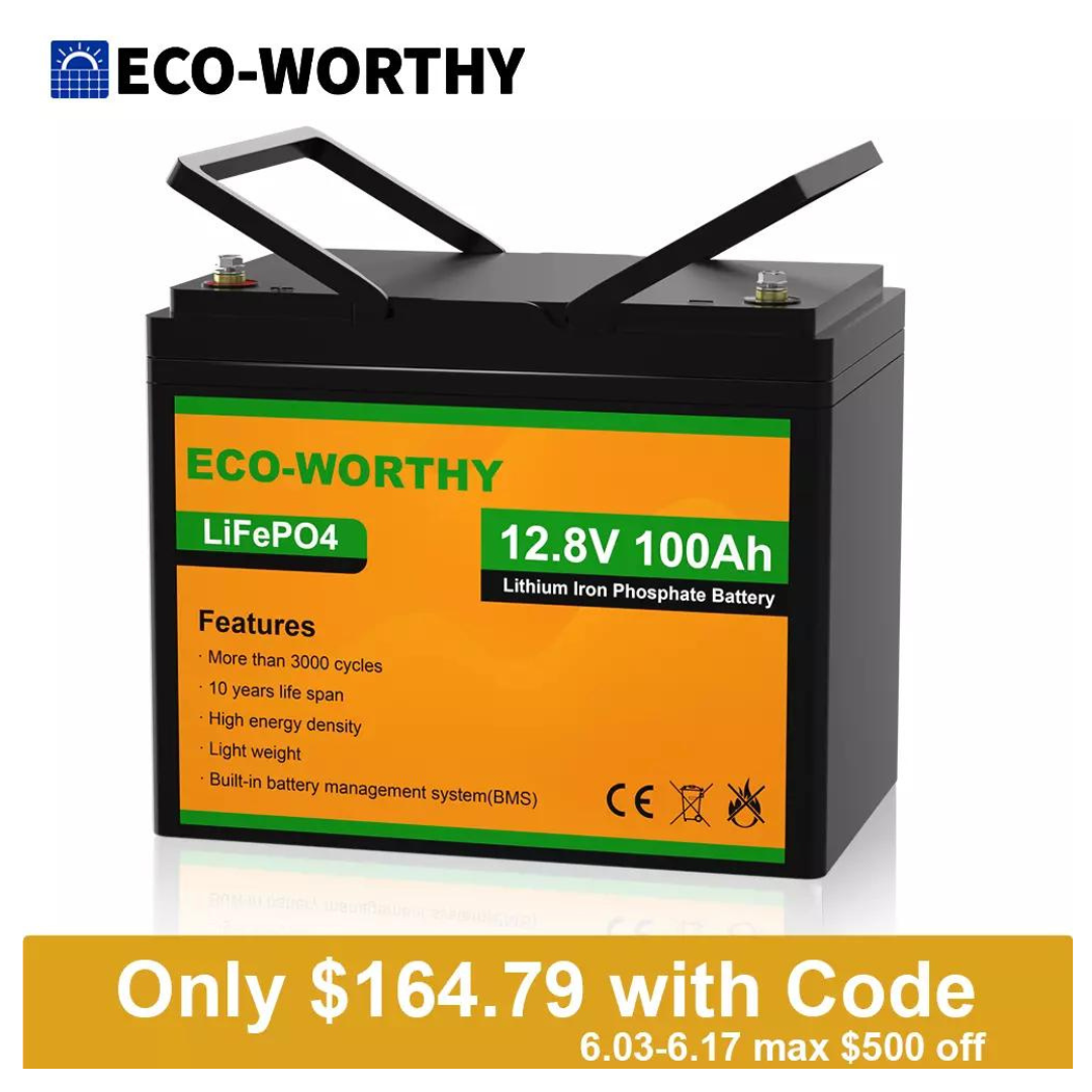 Eco-Worthy 12V 100AH LiFePO4 Lithium Battery BMS 4000+ cycles For RV Solar Panel