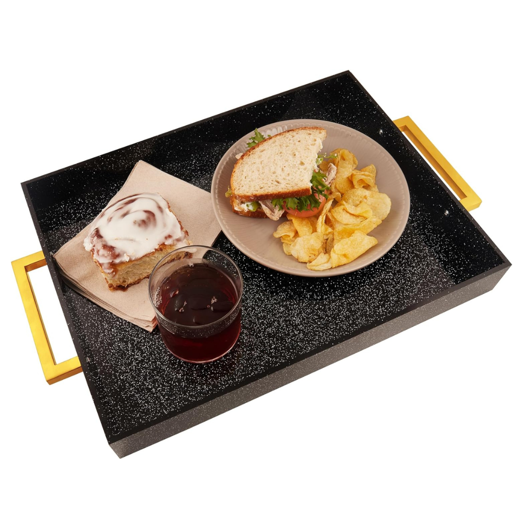 Acrylic Serving Tray with Gold Handles, 16" x 12"  (Black Glitter)