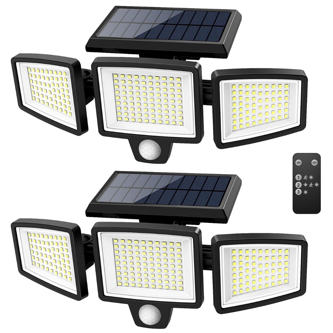 2-Pack Tuffenough Waterproof 3-Heads 2500Lm 210 LED Solar Security Lights