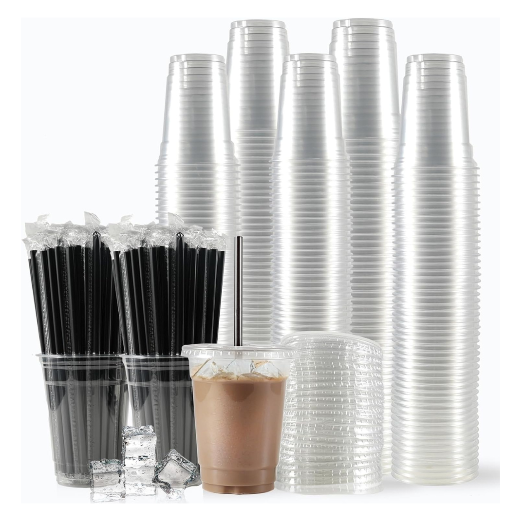 Plastic Disposable Cups with Lids and Straws, 200 Sets, 12oz