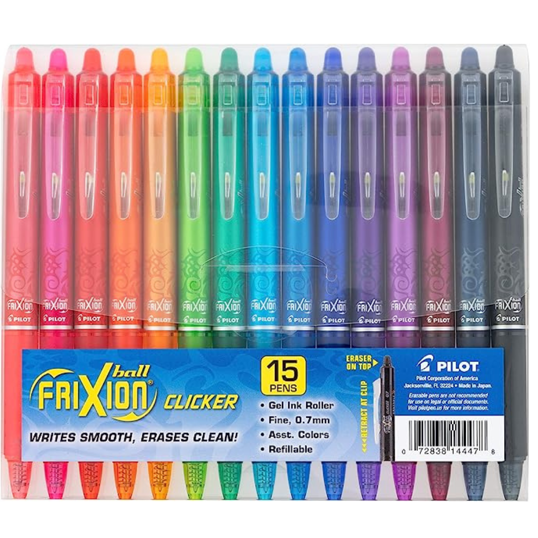 Pilot FriXion Clicker Erasable Gel Pens, Fine Point 0.7 mm (Pack of 15, Assorted Colors)