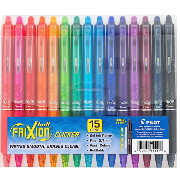 Pilot FriXion Clicker Erasable Gel Pens, Fine Point 0.7 mm (Pack of 15, Assorted Colors)