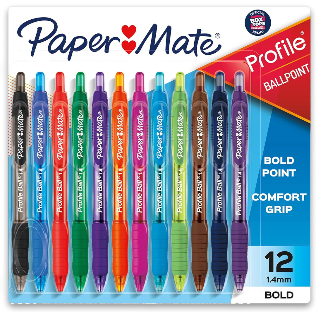 Paper Mate Profile Retractable Ballpoint Pens, Bold (1.4mm), Assorted Colors (12 Count)